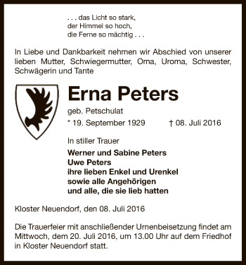 Traueranzeige von Erna Peters von Uelzen