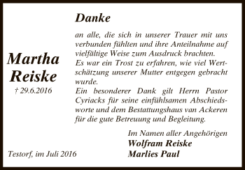 Traueranzeige von Martha Reiske von Uelzen