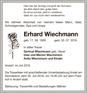 Traueranzeige von Erhard Wiechmann von Uelzen