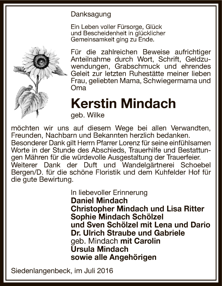  Traueranzeige für Kerstin Mindach vom 02.07.2016 aus Uelzen