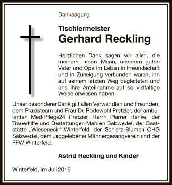 Traueranzeige von Gerhard Reckling von Uelzen