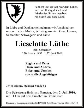 Traueranzeige von Lieselotte Lüthe von Uelzen