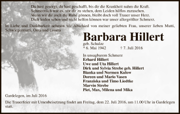 Traueranzeige von Barbara Hillert von Uelzen