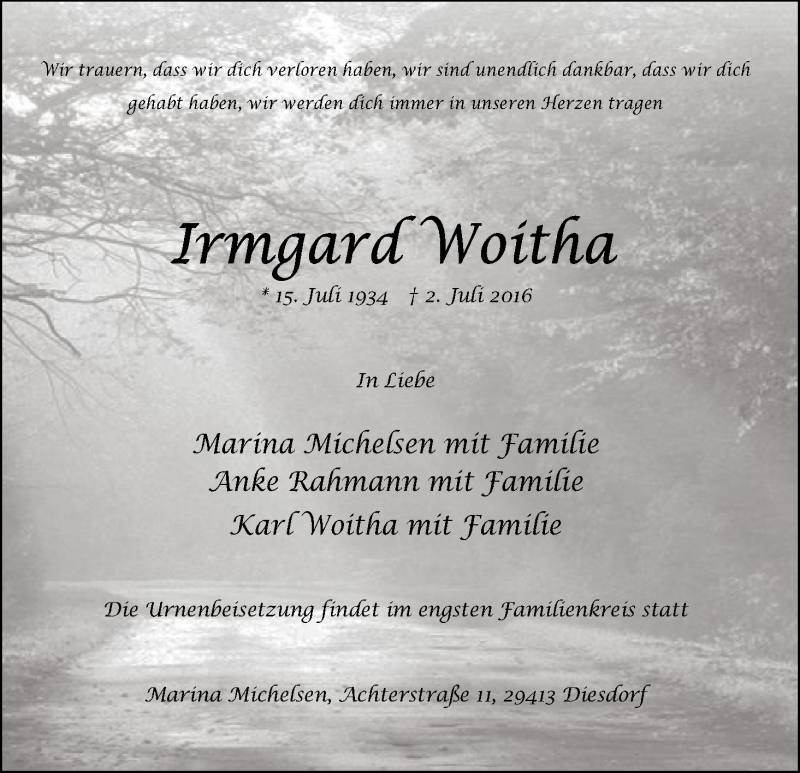  Traueranzeige für Irmgard Woitha vom 08.07.2016 aus Uelzen