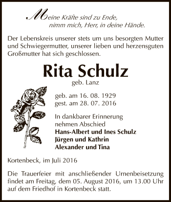 Traueranzeige von Rita Schulz von Uelzen