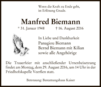 Traueranzeige von Manfred Biemann von Uelzen