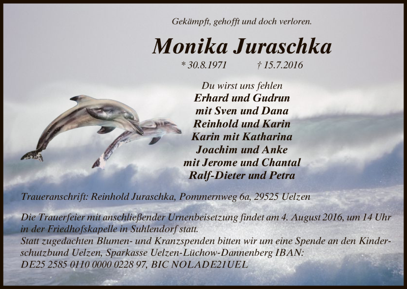  Traueranzeige für Monika Juraschka vom 30.07.2016 aus Uelzen