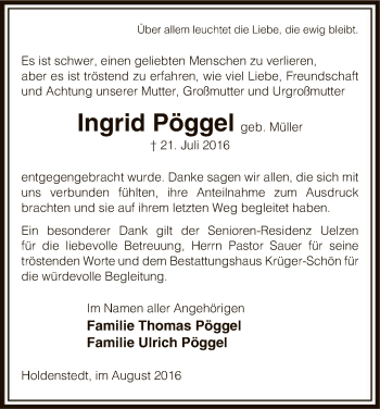 Traueranzeige von Ingrid Pöggel von Uelzen