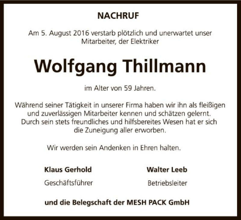  Traueranzeige für Wolfgang Thillmann vom 12.08.2016 aus Uelzen