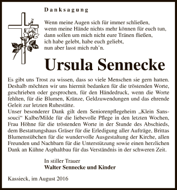 Traueranzeige von Ursula Sennecke von Uelzen