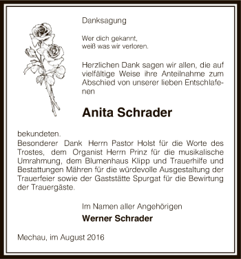 Traueranzeige von Anita Schrader von Uelzen