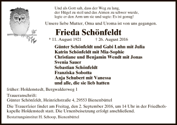 Traueranzeige von Frieda Schönfeldt von Uelzen