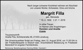 Traueranzeige von Margrit Filla von Uelzen