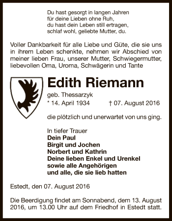 Traueranzeige von Edith Riemann von Uelzen