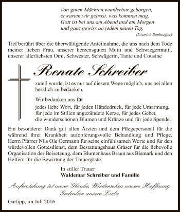 Traueranzeige von Renate Schreiber von Uelzen