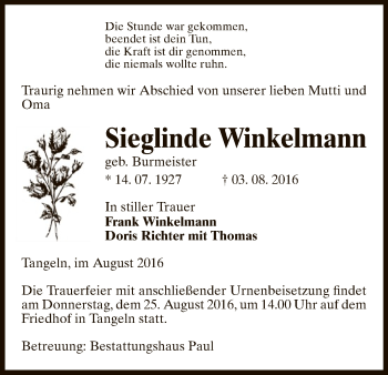 Traueranzeige von Sieglinde Winkelmann von Uelzen