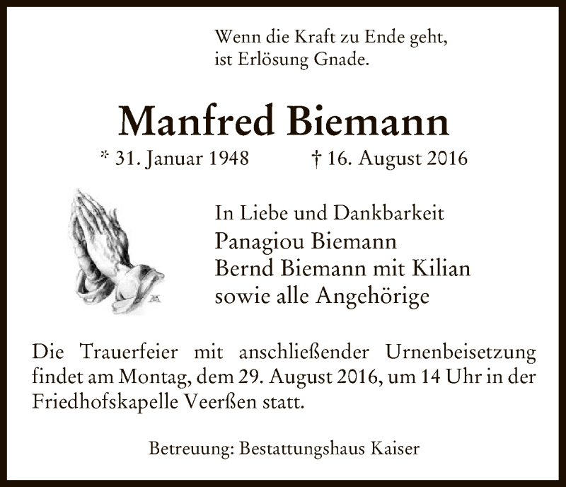  Traueranzeige für Manfred Biemann vom 25.08.2016 aus Uelzen
