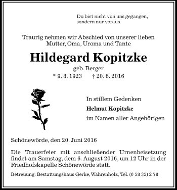 Traueranzeige von Hildegard Kopitzke von Uelzen