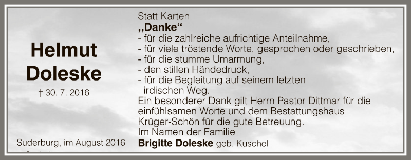  Traueranzeige für Helmut Doleske vom 27.08.2016 aus Uelzen