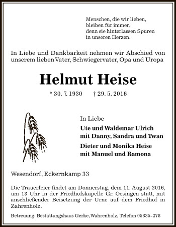 Traueranzeige von Helmut Heise von Uelzen