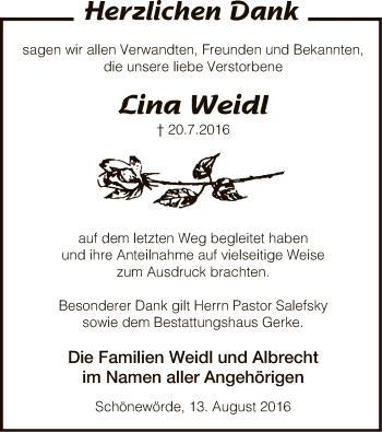 Traueranzeige von Lina Weidl von Uelzen