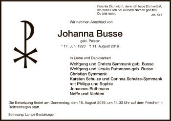 Traueranzeige von Johanna Busse von Uelzen