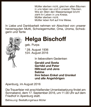 Traueranzeige von Helga Bischoff von Uelzen