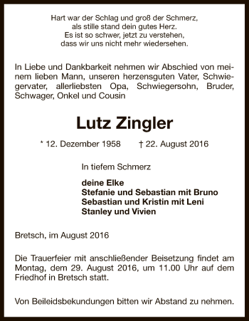 Traueranzeige von Lutz Zingler von Uelzen