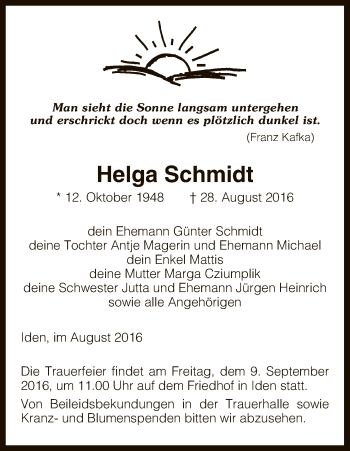 Traueranzeige von Helga Schmidt von Uelzen