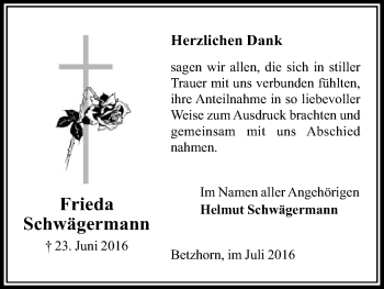 Traueranzeige von Frieda Schwägermann von Uelzen