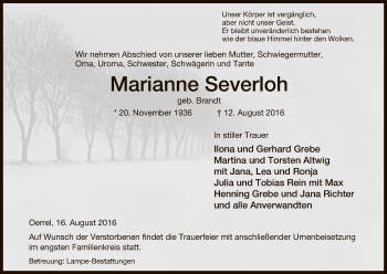 Traueranzeige von Marianne Severloh von Uelzen