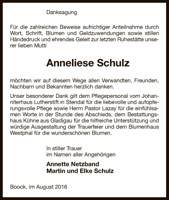 Traueranzeige von Anneliese Schulz von Uelzen