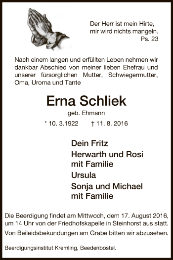 Traueranzeige von Erna Schliek von Uelzen