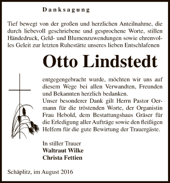 Traueranzeige von Otto Lindstedt von Uelzen