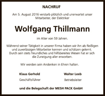 Traueranzeige von Wolfgang Thillmann von Uelzen