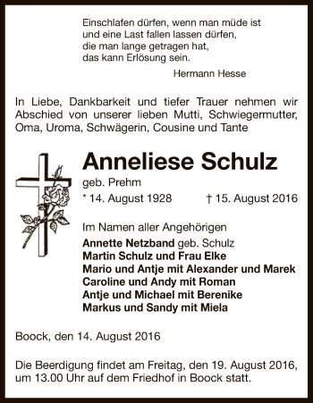 Traueranzeige von Anneliese Schulz von Uelzen