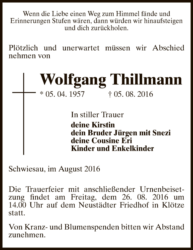  Traueranzeige für Wolfgang Thillmann vom 09.08.2016 aus Uelzen