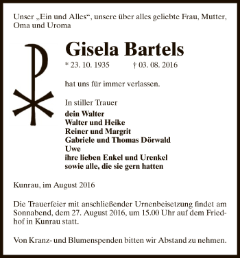 Traueranzeige von Gisela Bartels von Uelzen