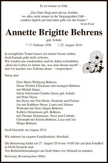 Traueranzeige von Annette Brigitte Behrens von Uelzen