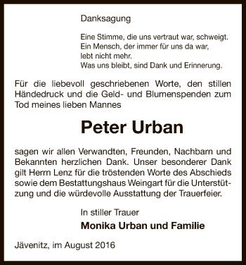 Traueranzeige von Peter Urban von Uelzen