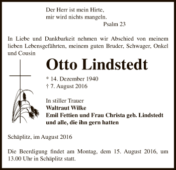 Traueranzeige von Otto Lindstedt von Uelzen