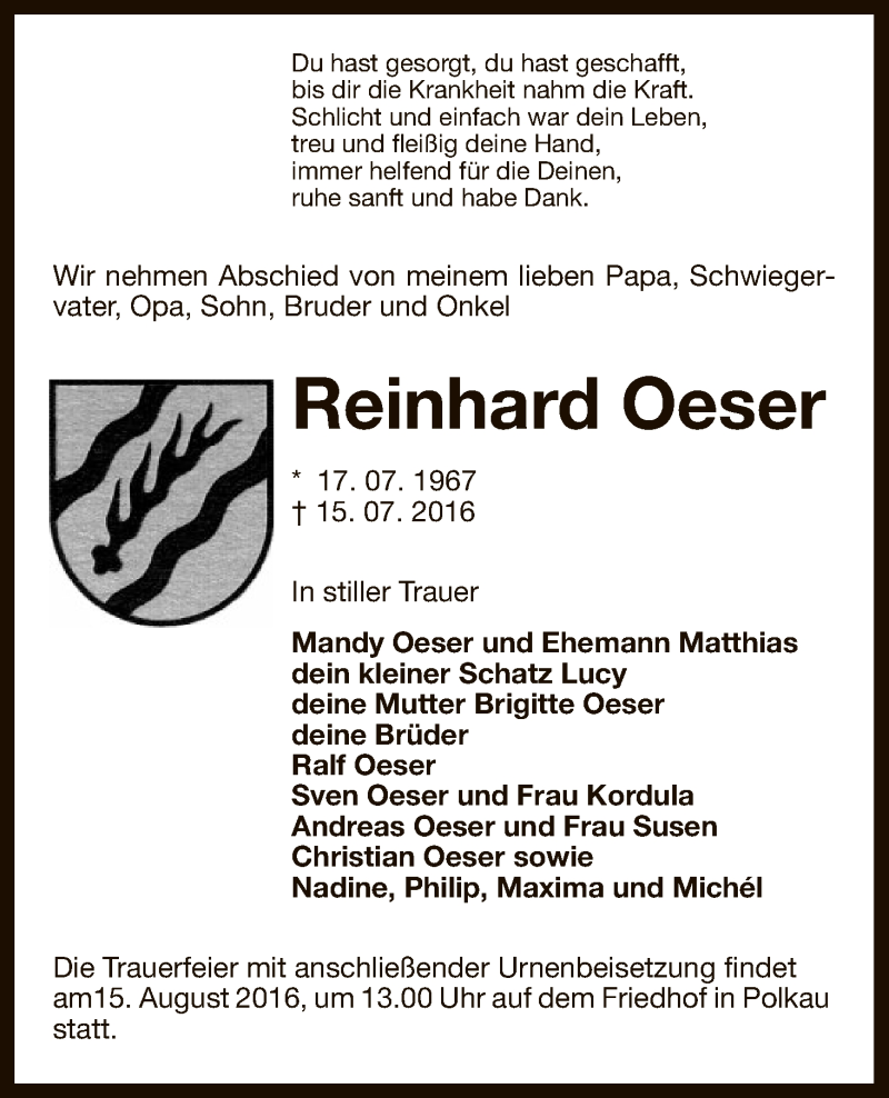  Traueranzeige für Reinhard Oeser vom 13.08.2016 aus Uelzen