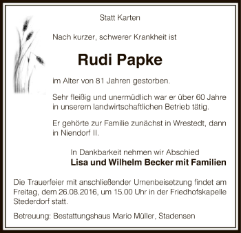 Traueranzeige von Rudi Papke von Uelzen