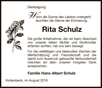 Traueranzeige von Rita Schulz von Uelzen