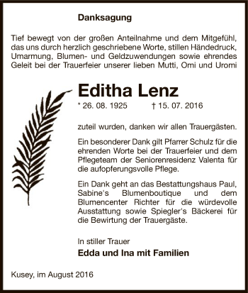 Traueranzeige von Editha Lenz von Uelzen