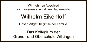Traueranzeige von Wilhelm Eikenloff von Uelzen