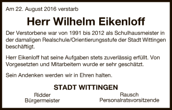 Traueranzeige von Wilhelm Eikenloff von Uelzen