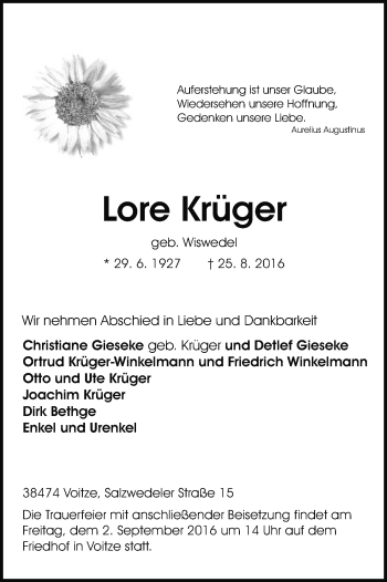 Traueranzeige von Lore Krüger von Uelzen