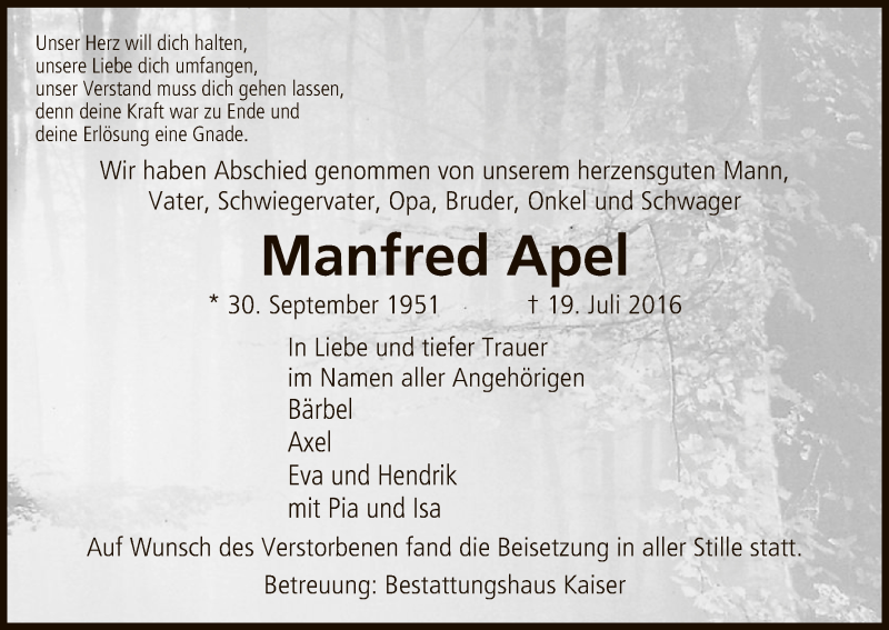  Traueranzeige für Manfred Apel vom 30.07.2016 aus Uelzen