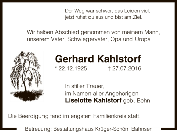 Traueranzeige von Gerhard Kahlstorf von Uelzen